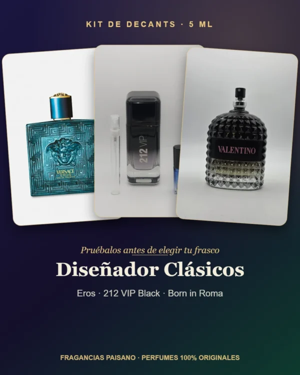Kit 5 ml Diseñador Clásicos: Eros, 212 VIP Black y Born in Roma